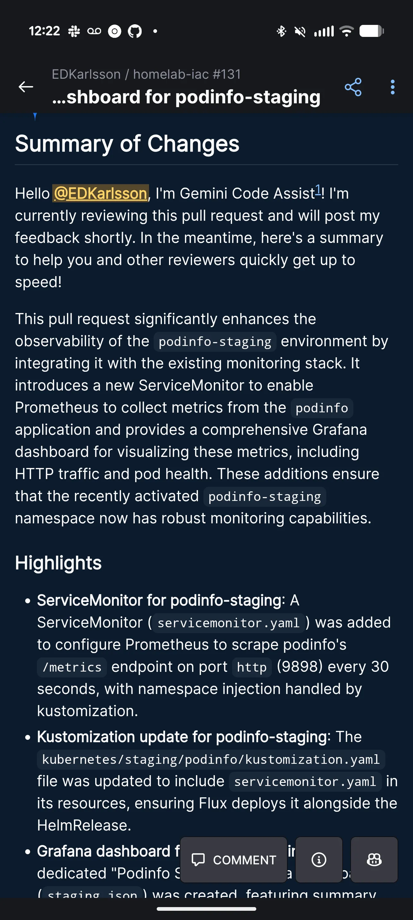 Gemini Code Assist automatically posting a structured review summary on a pull request, seconds after it was opened.
