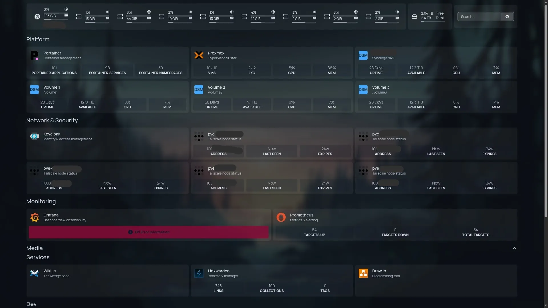 Homepage dashboard showing the full application stack: Platform, Network and Security, Monitoring, and Services sections.