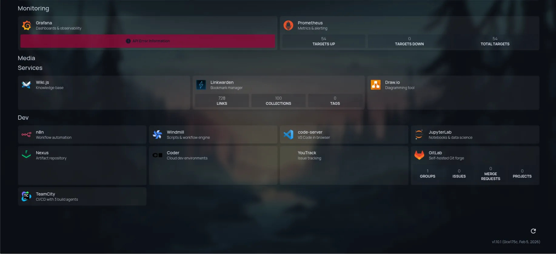 Homepage dashboard continued: the Dev section showing n8n, Windmill, code-server, JupyterLab, GitLab, YouTrack, and TeamCity.
