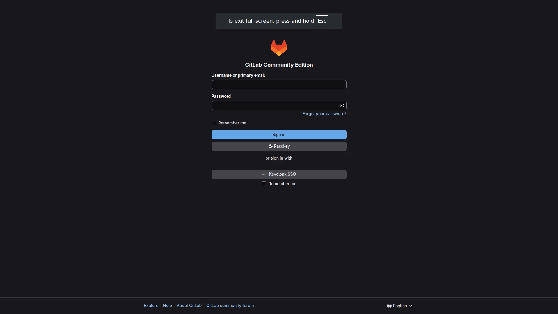 GitLab CE sign-in page with the ‘Keycloak SSO’ button visible: proof that the CA trust chain, CoreDNS rewrite, and OIDC discovery are all working.