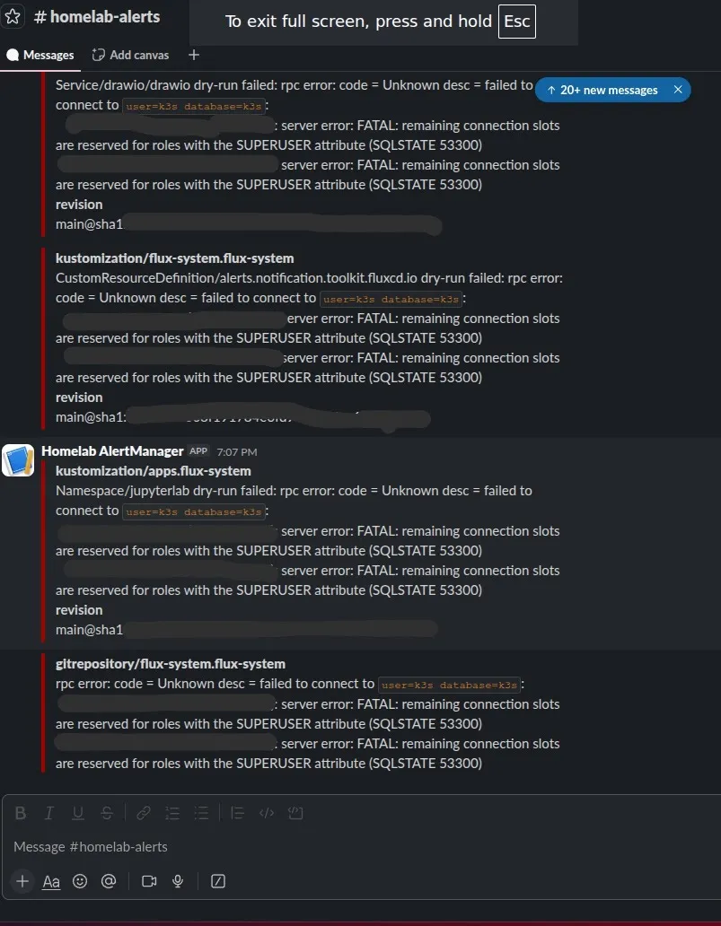 Alertmanager routing PostgreSQL connection slot exhaustion alerts to the homelab-alerts Slack channel during an active development session.